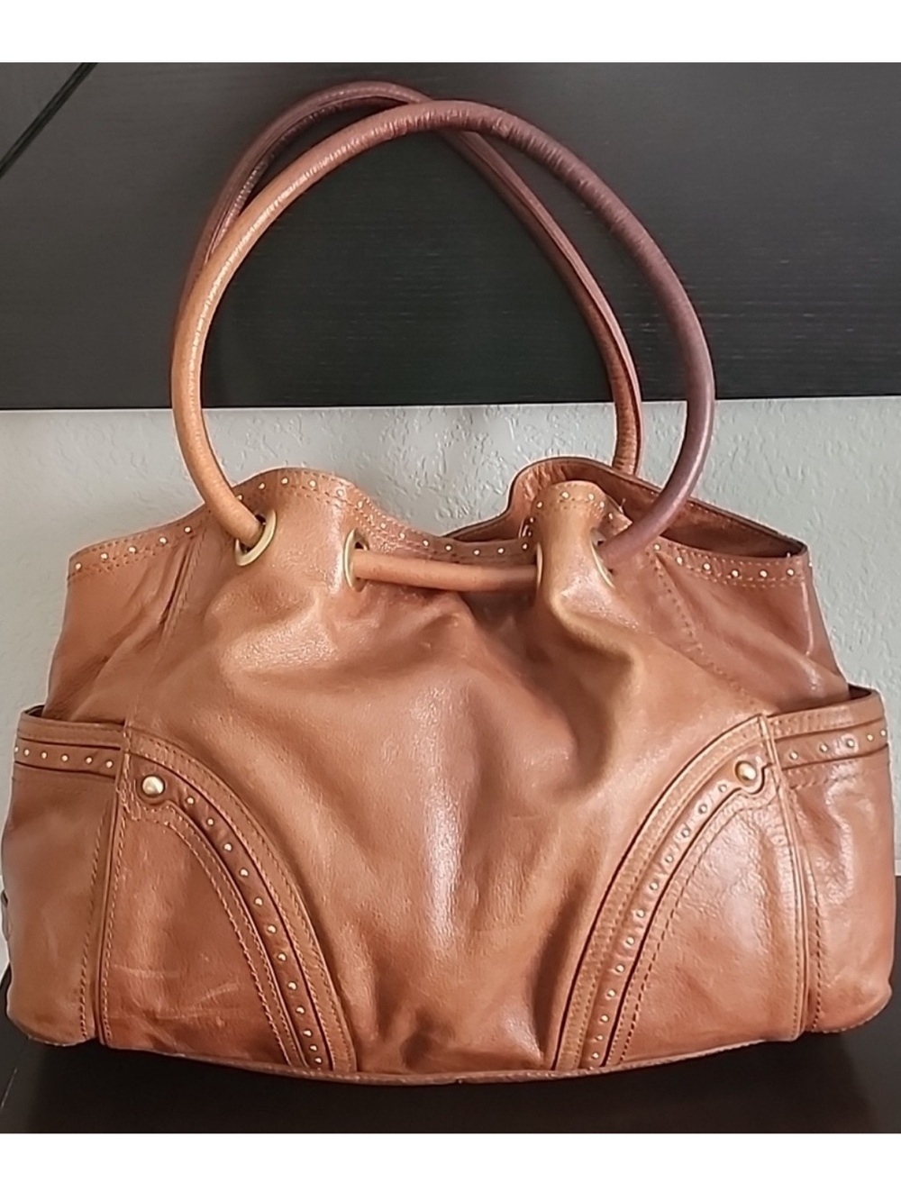Cole Haan Brown Leather Village Hobo/Satchel/Shoulder Bag with Goldtone Grommets